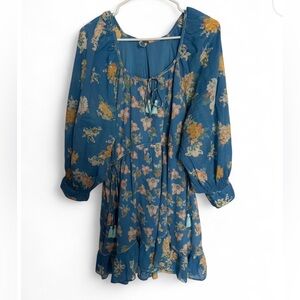 Free People Camella Mini Floral Print Dress  Boho Scoop Neck Tassel Sides Large